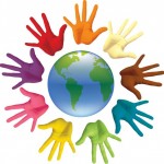 image of rainbow colored hands around the world