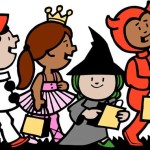 cartoon graphic of kids trick or treating 