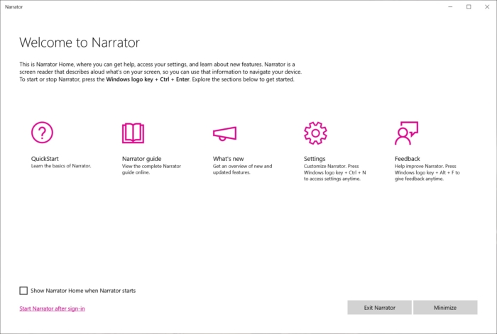 Screenshot of Narrator from Windows 10