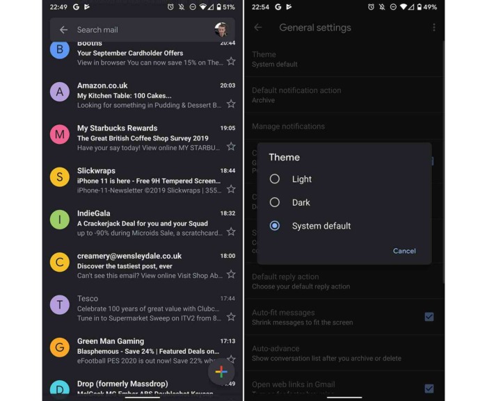 Gmail dark theme on Android