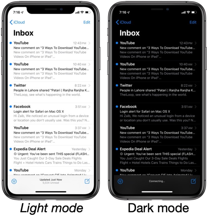 Light and dark modes on Gmail