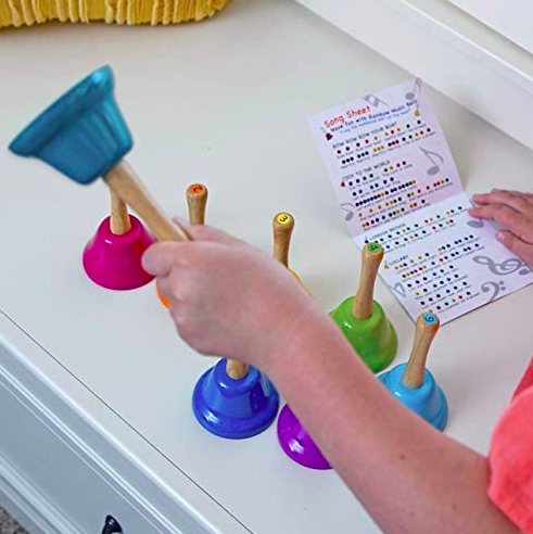 rainbow music hand bells with wooden handles