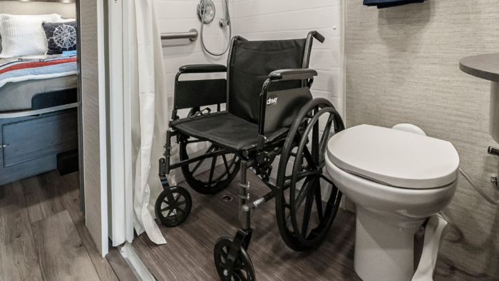 Wheelchair in bathroom of Winnebago