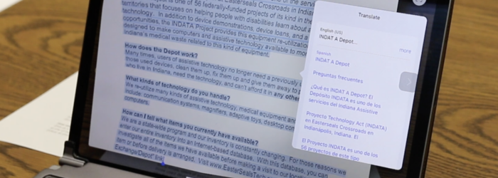 Screenshot of an iPad using Live Text OCR translate feature to translate and INDATA document from English to Spanish
