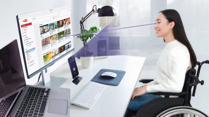 Woman looking at monitor with Eyeware