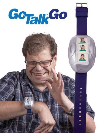 Man using GoTalk Go wristband device