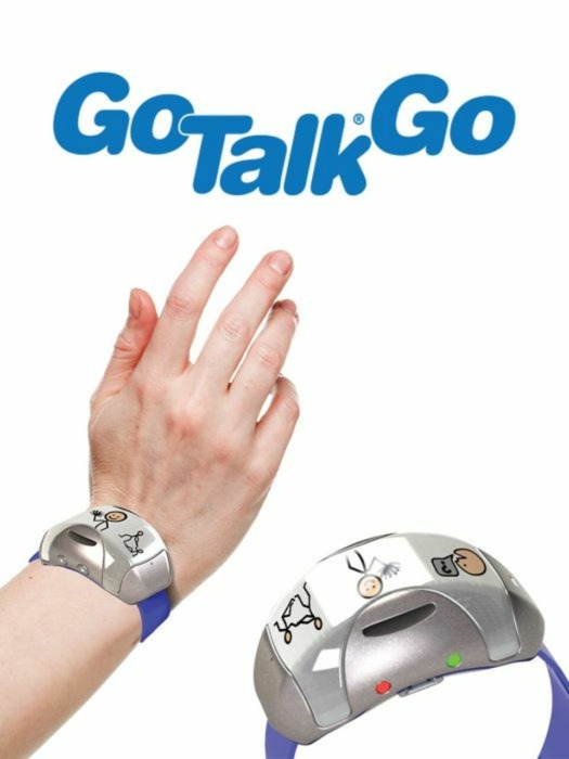 Person's hand with GoTalk device on wrist