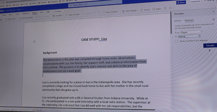 Screenshot of Microsoft Translator translating a Word document