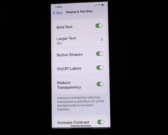 screenshot of iPhone in the Display & Text Size settings