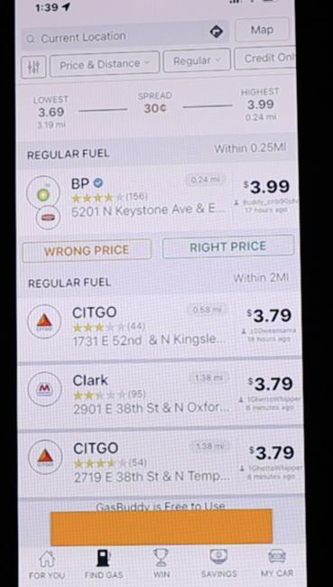 screenshot of the gas buddy app
