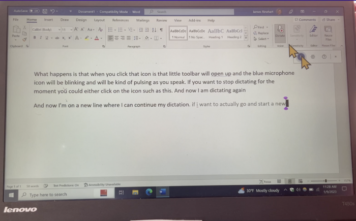screenshot of Dictate in Office 365 on laptop
