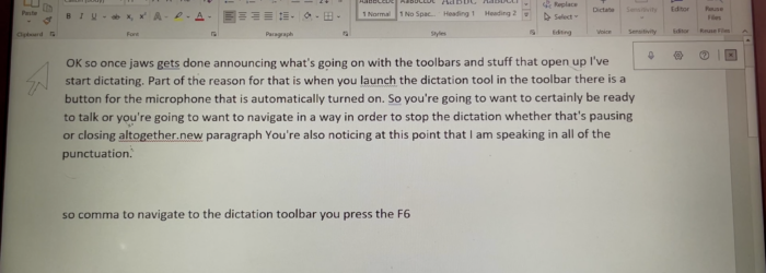 screenshot of laptop using JAWS screen reader with Office 365 Dictate
