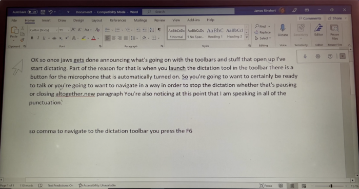 screenshot of laptop using JAWS screen reader with Office 365 Dictate