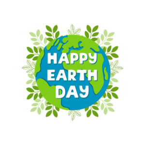 Happy Earth Day log with Earth and plants sprouting from the planet