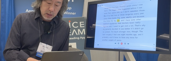 Screenshot of Winston Chen demonstrating Voice Dream on his iPad to a large desktop monitor