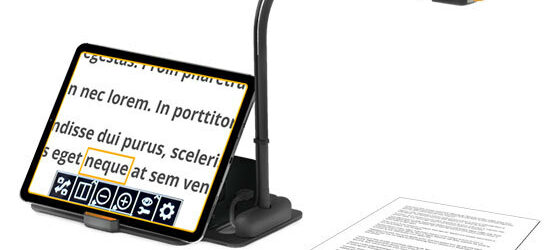 MagniLink Wifi Cam attached to an iPad magnifying a document