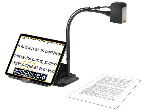 MagniLink Wifi Cam attached to an iPad magnifying a document