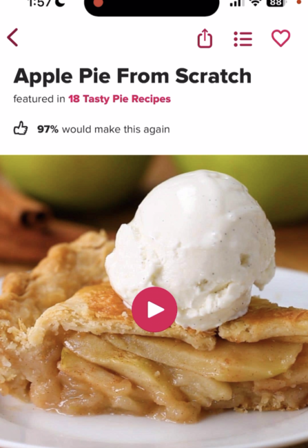 screenshot of apple pie recipe on Tasty app