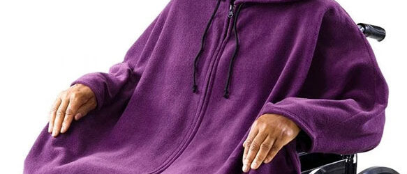 purple wintercape on person in wheelchair