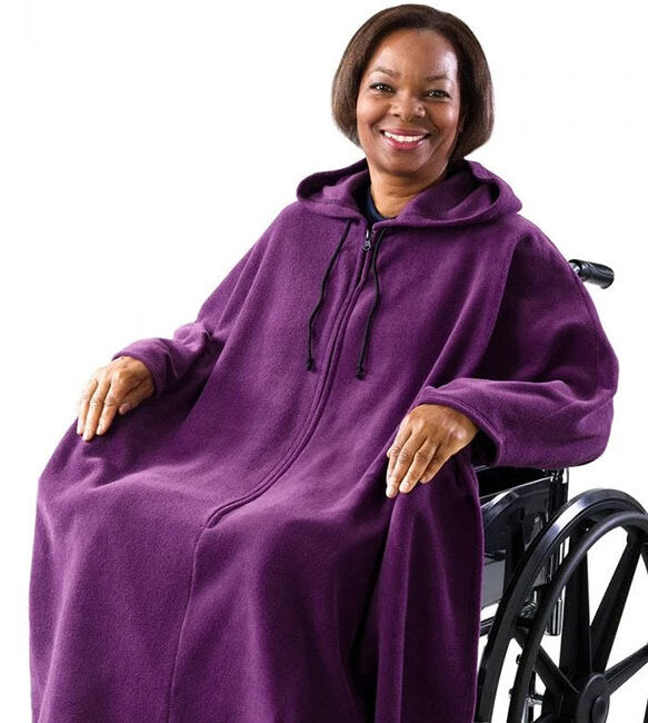 purple wintercape on person in wheelchair