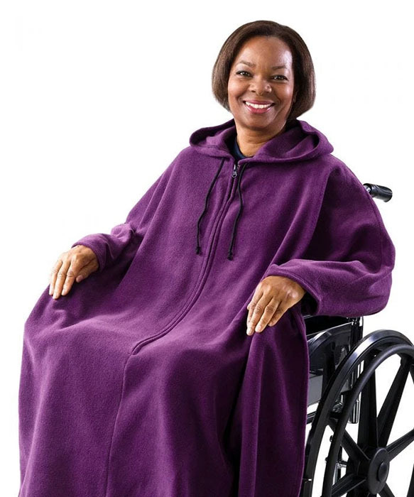 purple wintercape on person in wheelchair