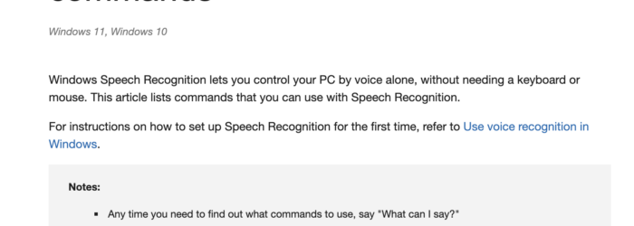 sceenshot of Windows Speech Recognition command page on Microsoft website