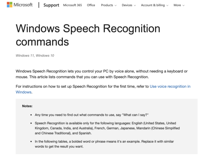 sceenshot of Windows Speech Recognition command page on Microsoft website