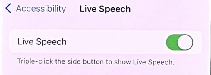 screenshot of iOS Live Speech setting