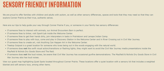Conner Prairie offers accessible guides for visitors with autism or sensory sensitivities. 
