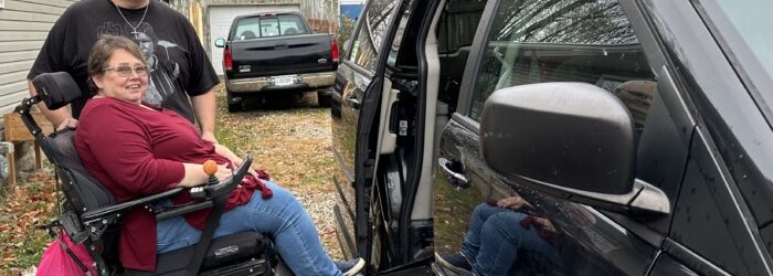 Mike and Lisa Overbay posing with their accessible van and Lisa is on the wheelchair ramp