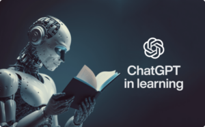 Robot looking at a book with ChatGPT in learning with logo