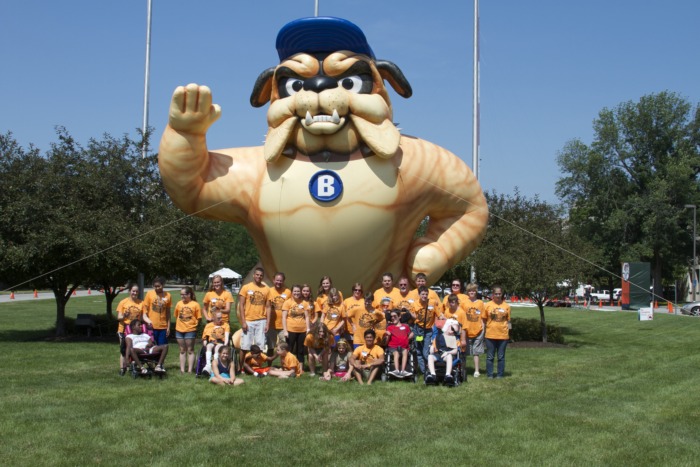 gadget campers in front of large blown up butler bulldog